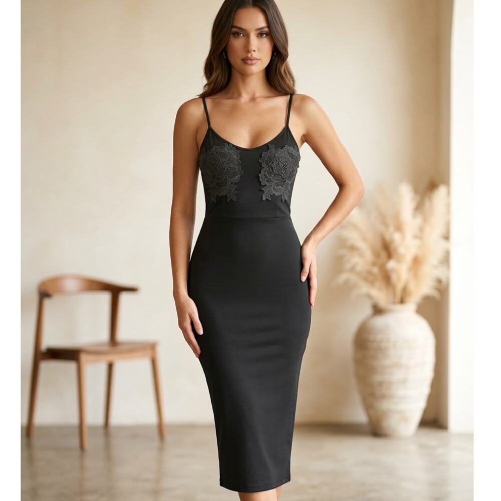 Bodycon Midi Dress Womens M Black Mesh Floral Embroidered Stretch Classic NWOT